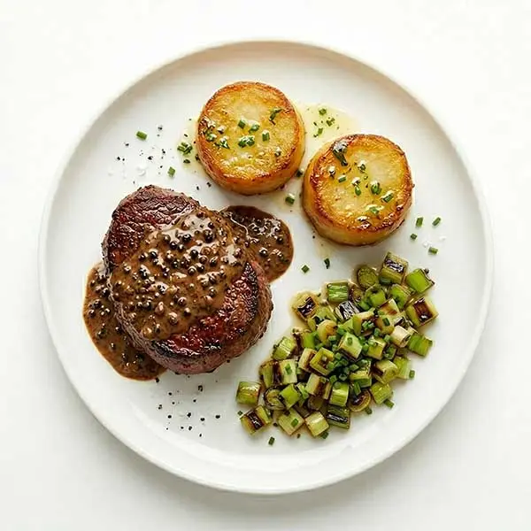Steak Au Poivre with Potato Fondant & Charred Leeks